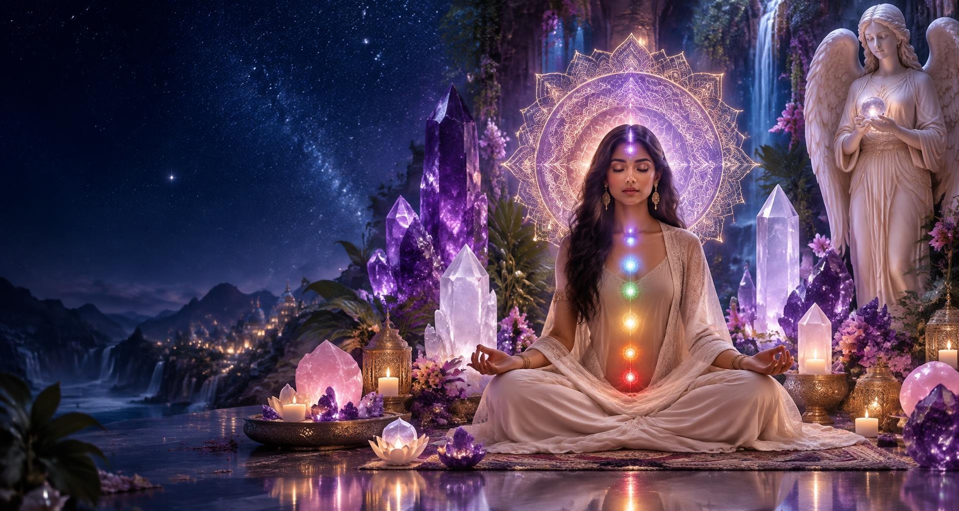 Woman meditating in lotus pose with seven glowing chakra lights, crystals and candles, and a winged angel statue under a starry sky